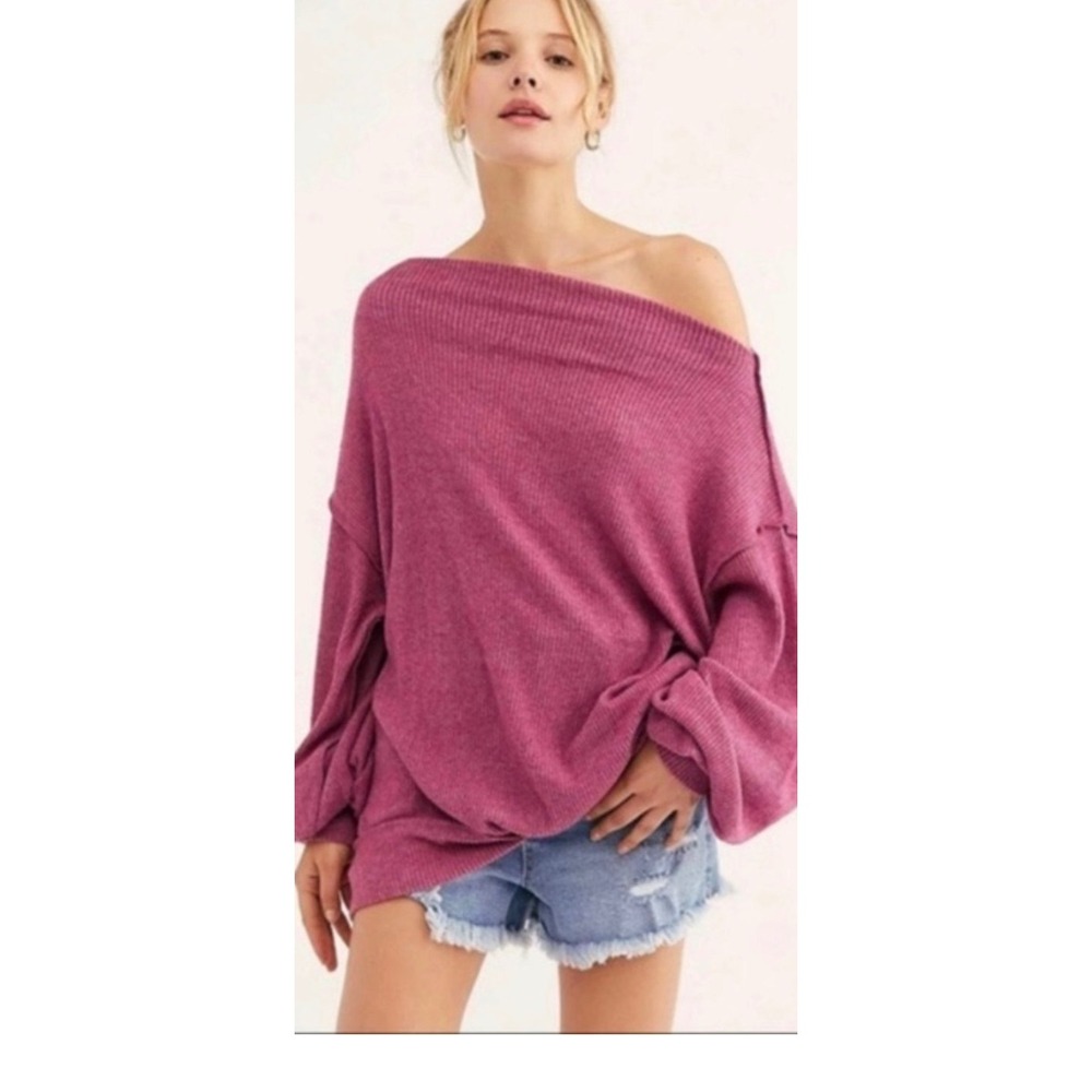 Free People Main Squeeze Hacci Top Rose Waffle Knit Size M Soft Grunge Slouchy